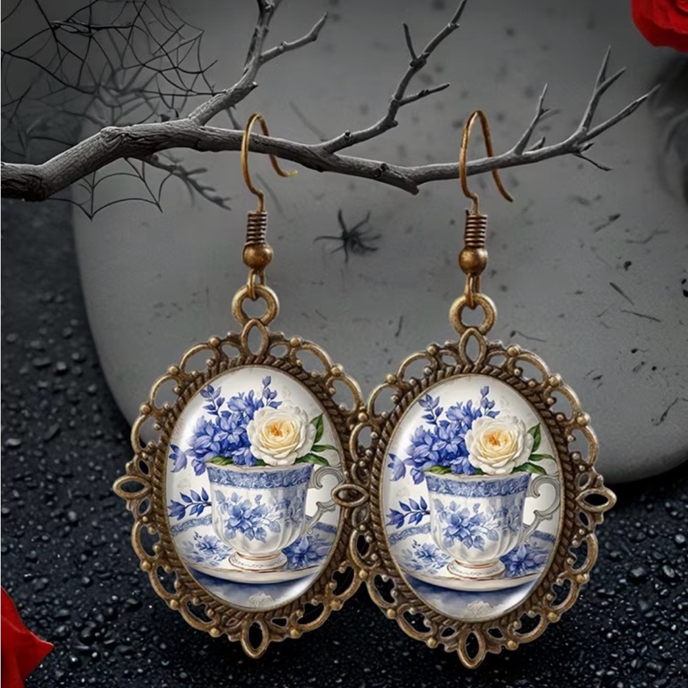 Ornate Gold and Blue Teacup Earrings